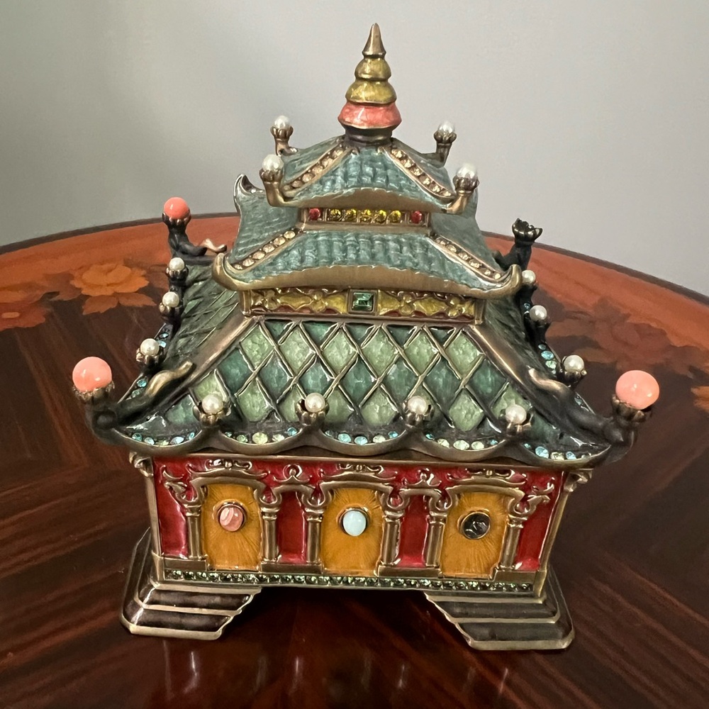 Jay Strongwater Jeweled Trinket Box In Asian Motif 
4.5” x 3.5” x 5.5”